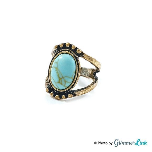 Faux Turquoise Oval Cabochon Gold Tone Ring - Picture 2 of 8